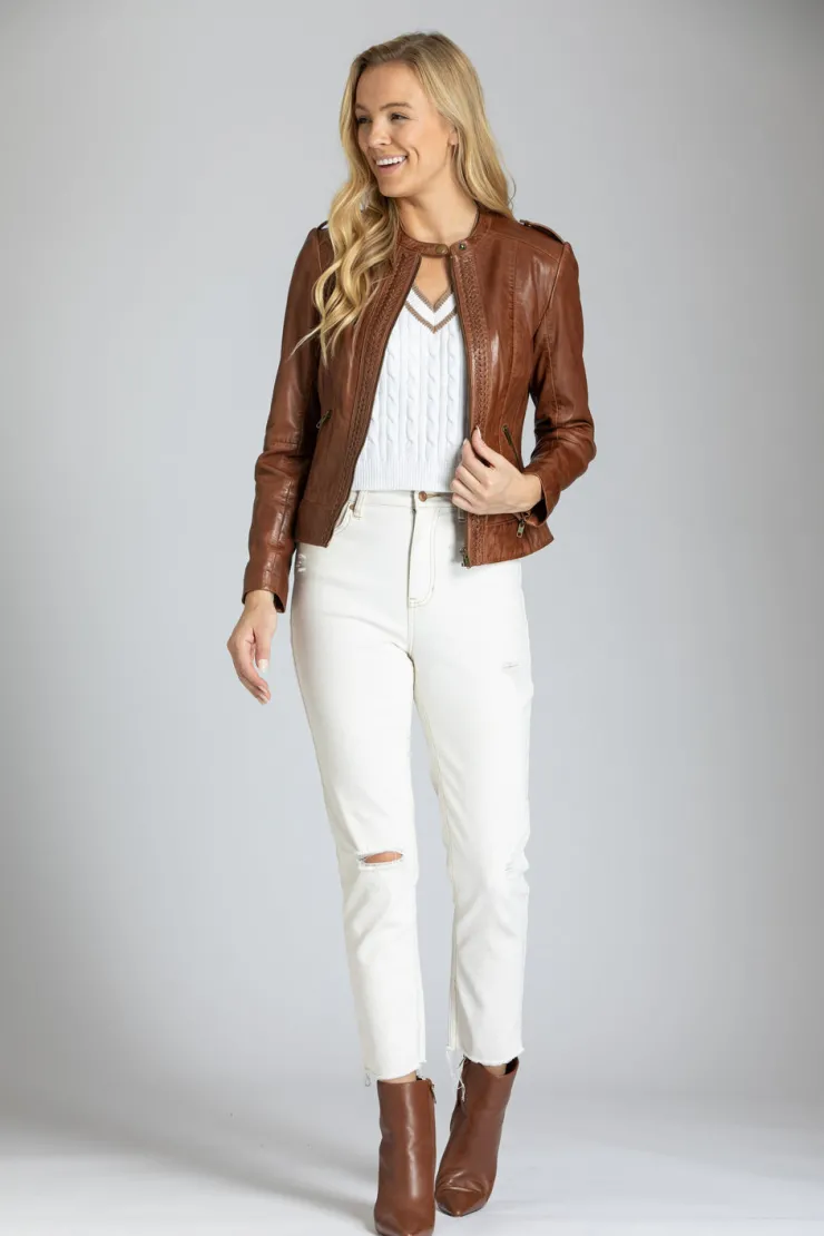 Fashion Classic Zip Leather Jacket With Braided Detail In All Outerwear