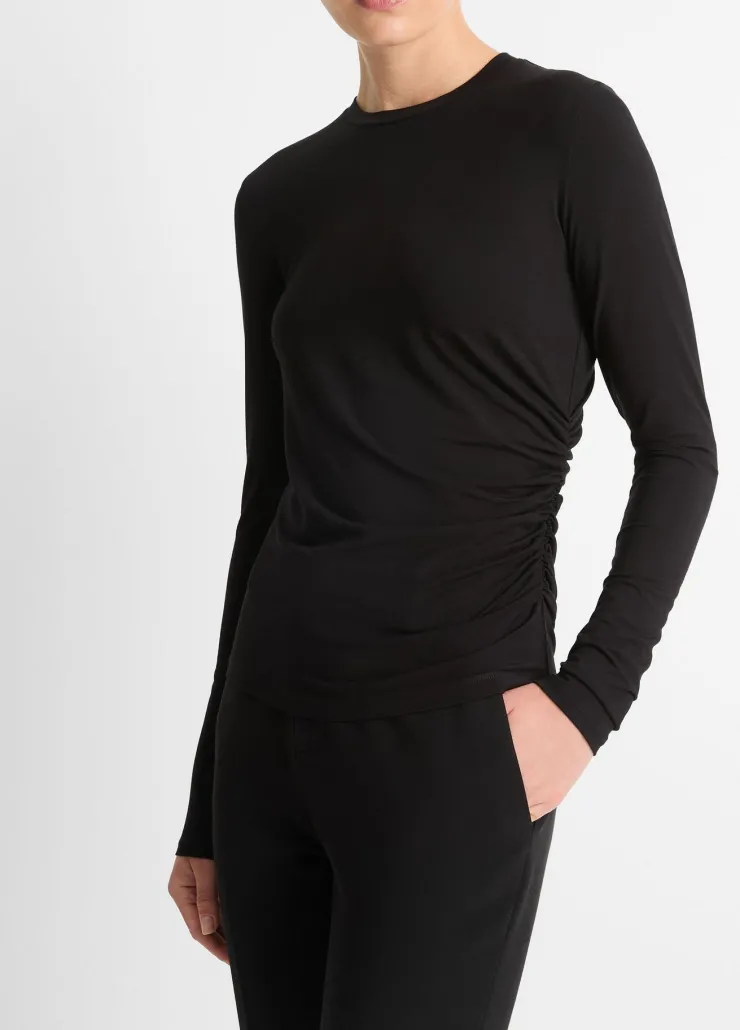 Discount Draped Long Sleeve Crew Neck Top In Basics And Tees