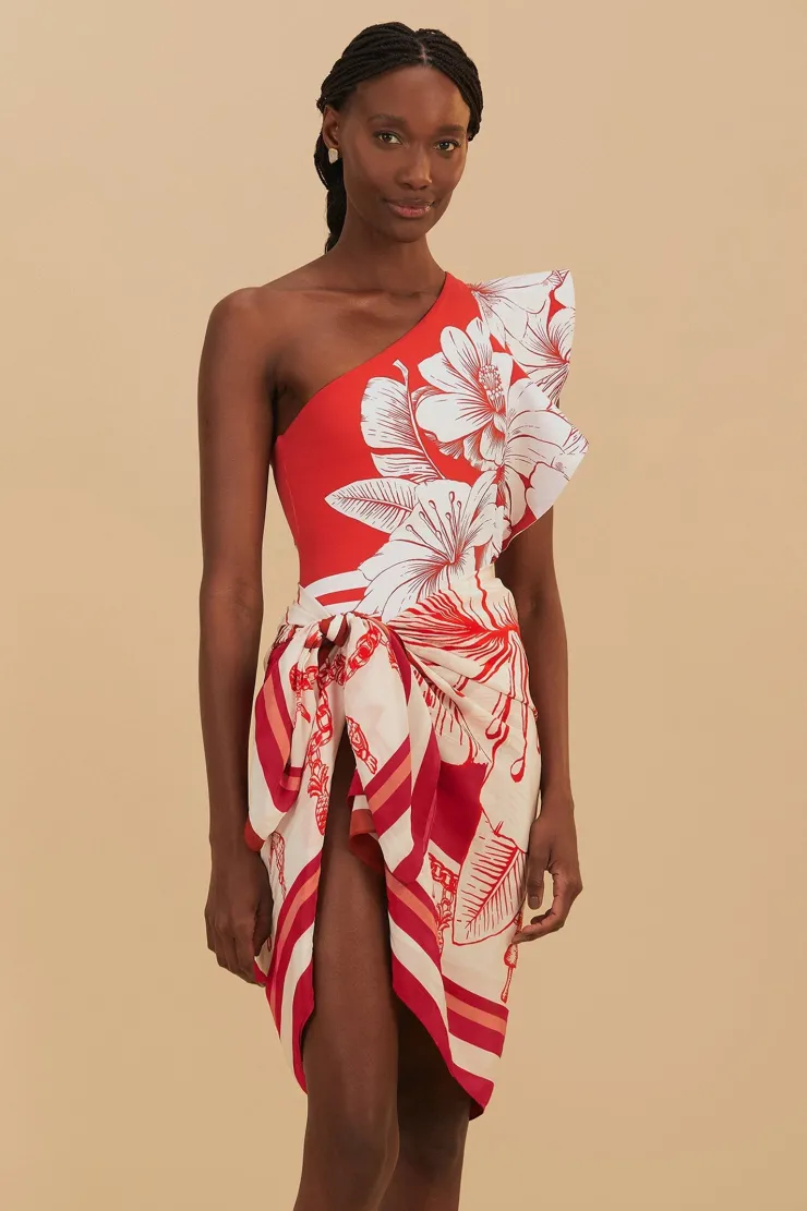 Outlet Floral Chains One Shoulder Swimsuit In Red Shop All Swim