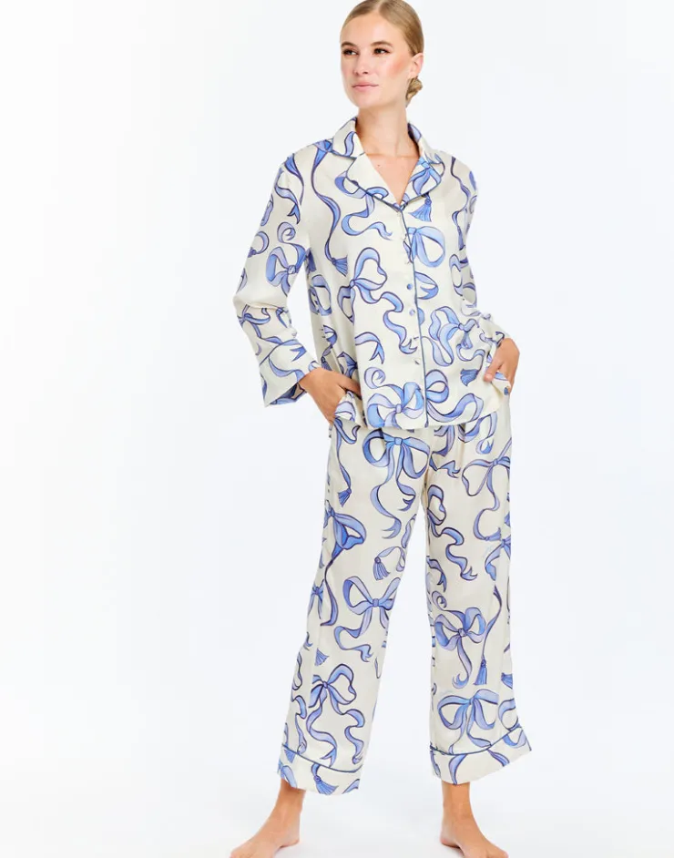 Best Gigi Bow Pajama Set In Ecru/Blue Bows All Loungwear