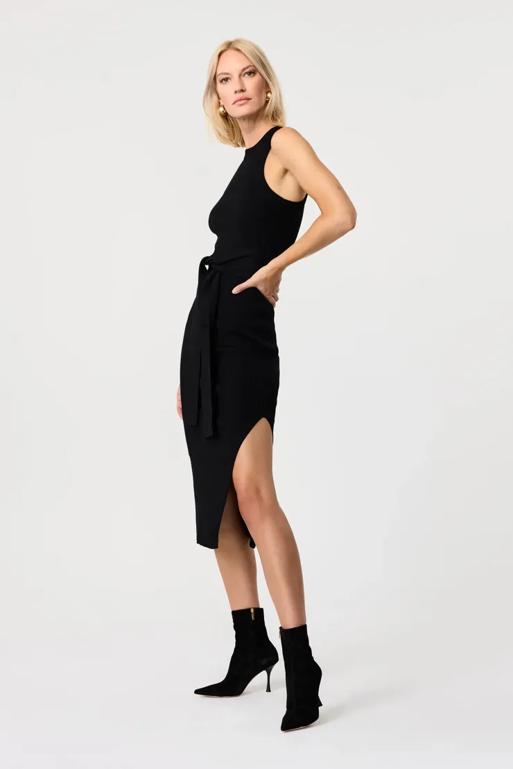 Clearance Piper Sleeveless Racerback Knit Tie Front Dress In Black Sweaters