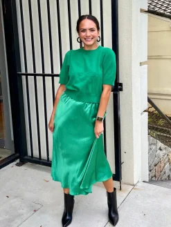 Hot Satin Midi Skirt In Green Sweaters|Skirts