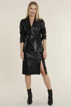 New Vegan Leather Pencil Skirt With Slit In Skirts