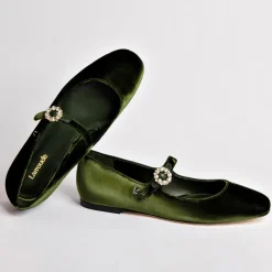 Hot Velvet Mary Jane Flat In Green Flats