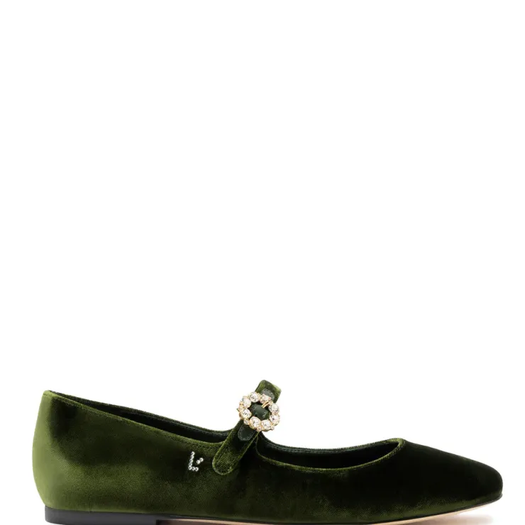 Hot Velvet Mary Jane Flat In Green Flats