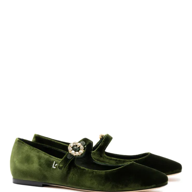 Hot Velvet Mary Jane Flat In Green Flats